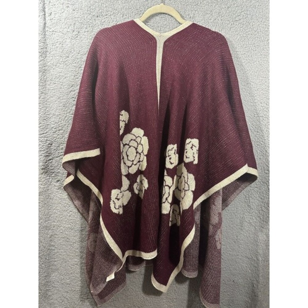 Do Everything in Love Large Floral Graphic Printed Poncho Cream Maroon One Size
